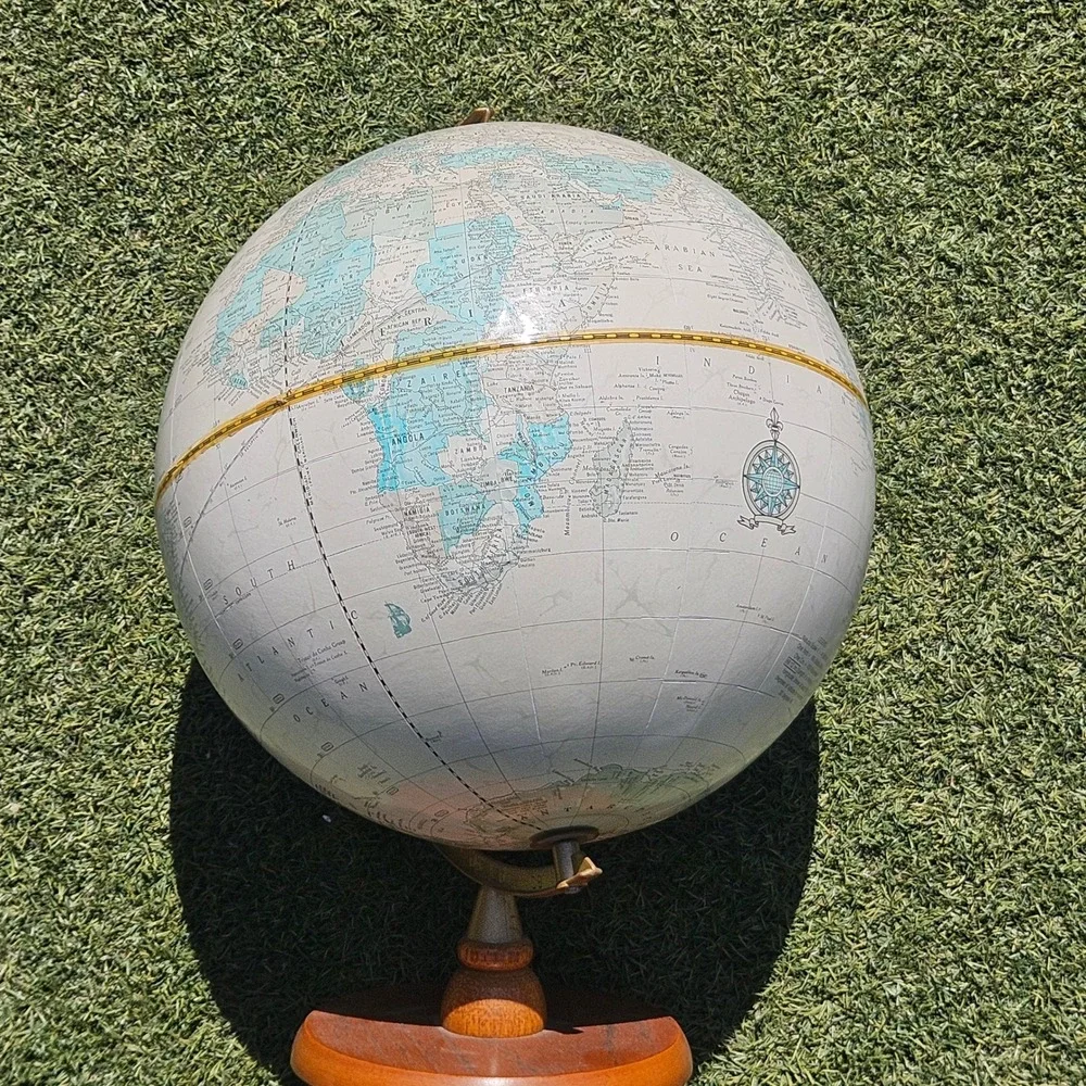 Crams Imperial World Globe Vintage Cream Map Wood Base Brass Meridian USA - Picture 4 of 8